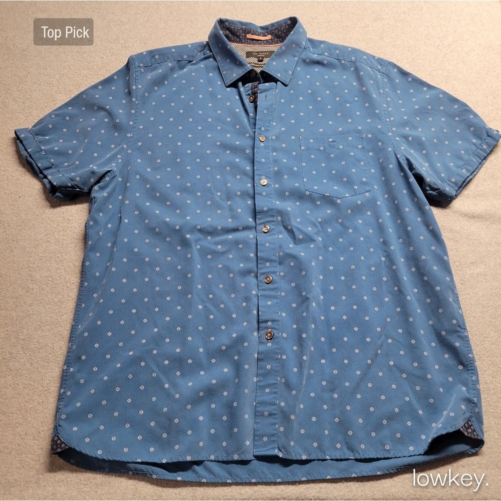 Ted Baker London Mens Blue Floral Daisy Print Short Sleeve Button Down Top 6 XL